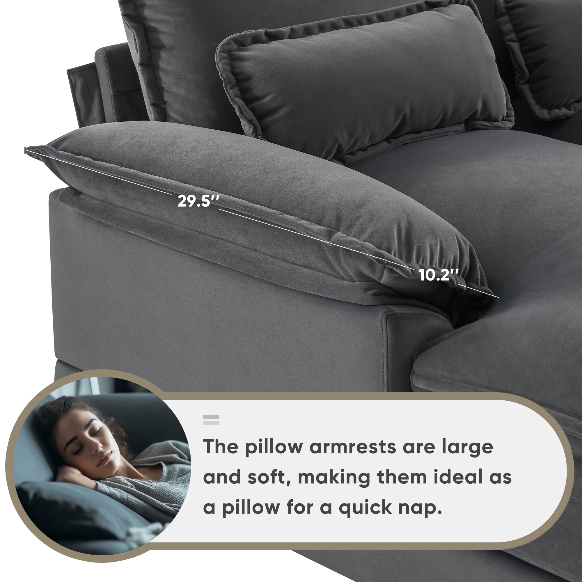 Modern U-shaped 6-Seat Sofa with Console, Cupholders, USB Ports, Velvet Upholstery in Gray
