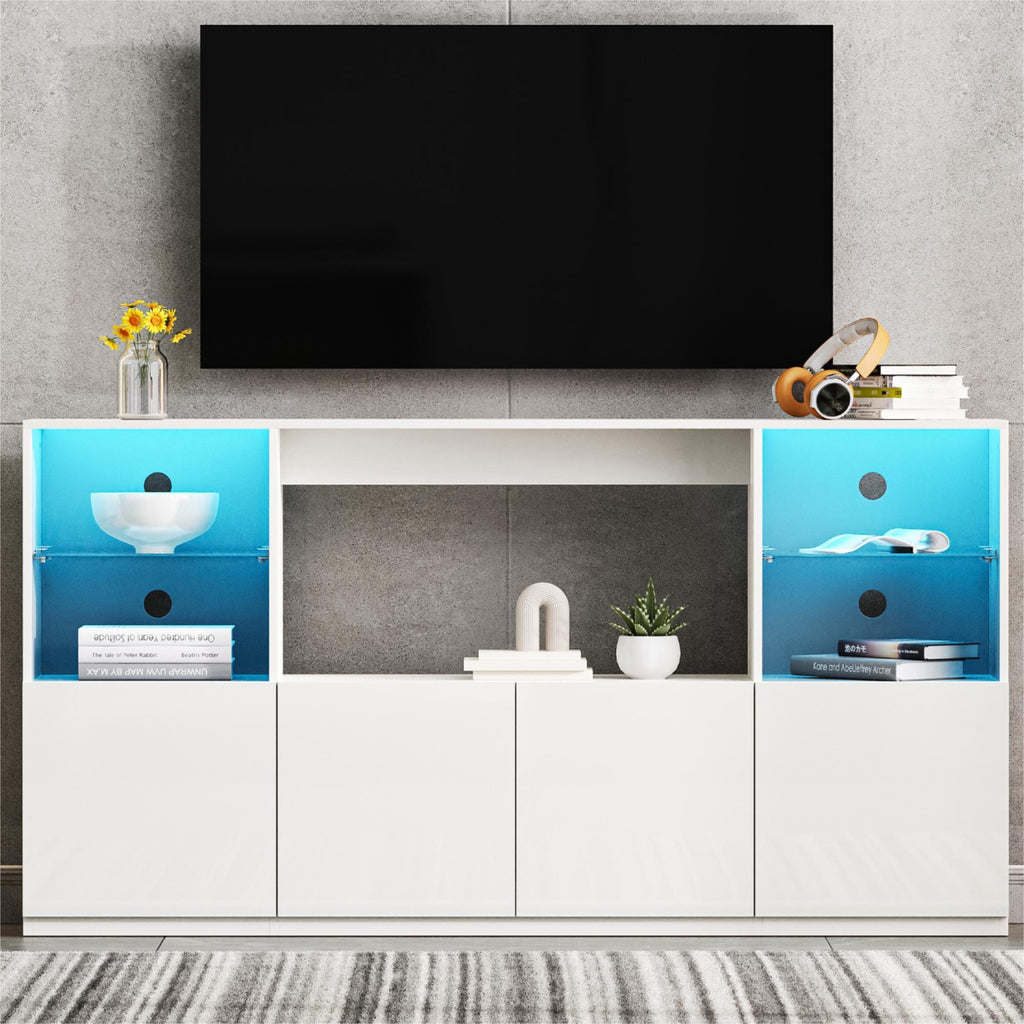 ON-TREND High Gloss TV Stand with LED Lights, Modern Sideboard with Large Storage Cabinet, Media Console with Tempered Glass Shelves for TVs up to 75', Living Room, White, 67'Wx13.7'D