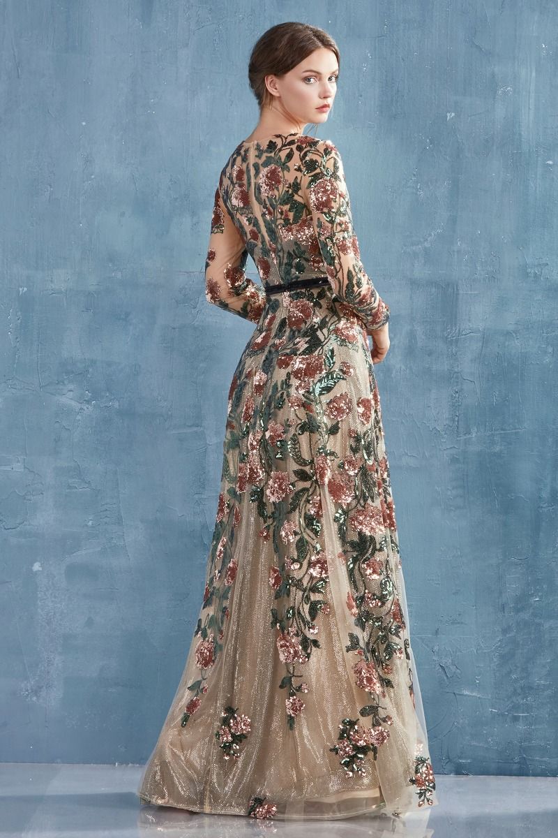 Savannah Sequin Floral Petal Long Sleeves Long Bridesmaid & Mother of Bride Dress CDA0926