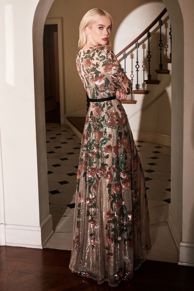 Savannah Sequin Floral Petal Long Sleeves Long Bridesmaid & Mother of Bride Dress CDA0926