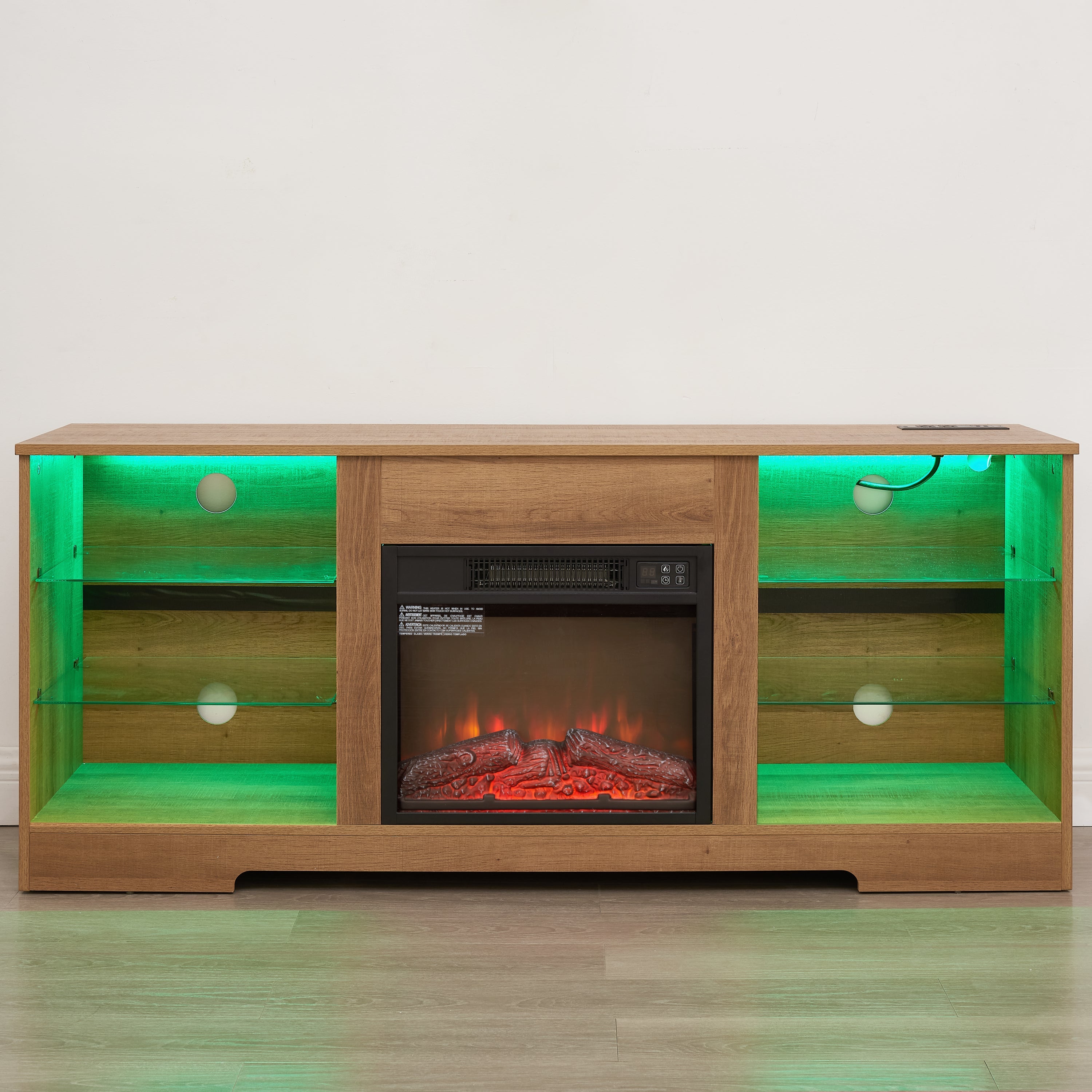 TV Stand Electric Fireplace TV Stand with Glass Shelves, 3D Fireplace TV Stand with LED Lights Wood with USB Charging Outlet Modern Television Table Center for TV up to 32-62' OAK 58'W*15.4''D*24.4