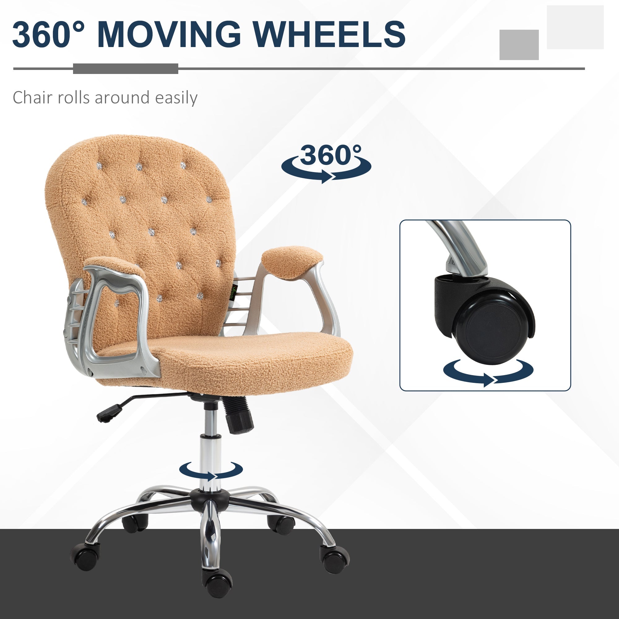 Vinsetto Teddy Fleece Home Office Chair, Button Tufted Desk Chair with Padded Armrests, Adjustable Height and Swivel Wheels, Khaki