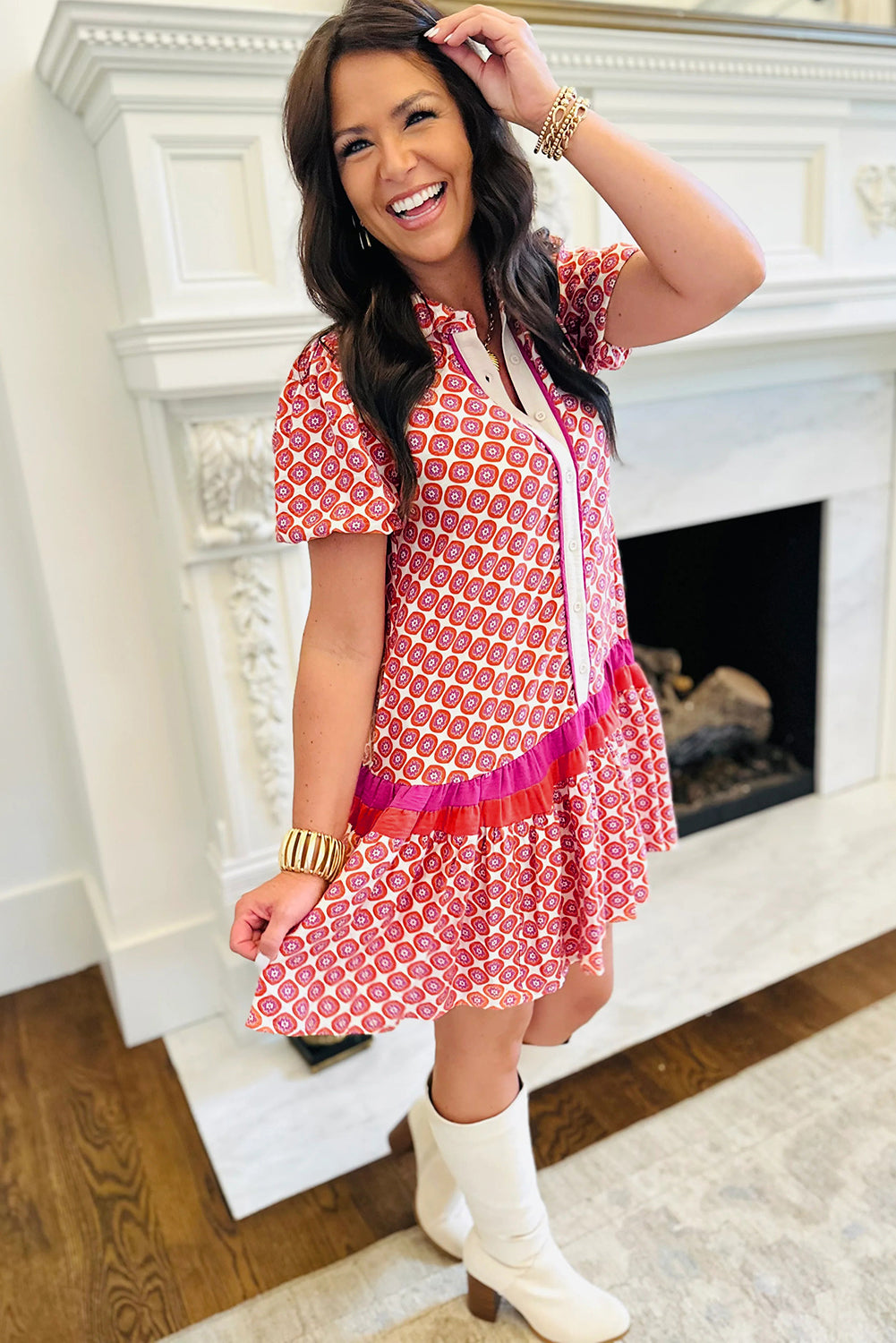 Floral Geometric Colorblock Ruffle Hem Dress