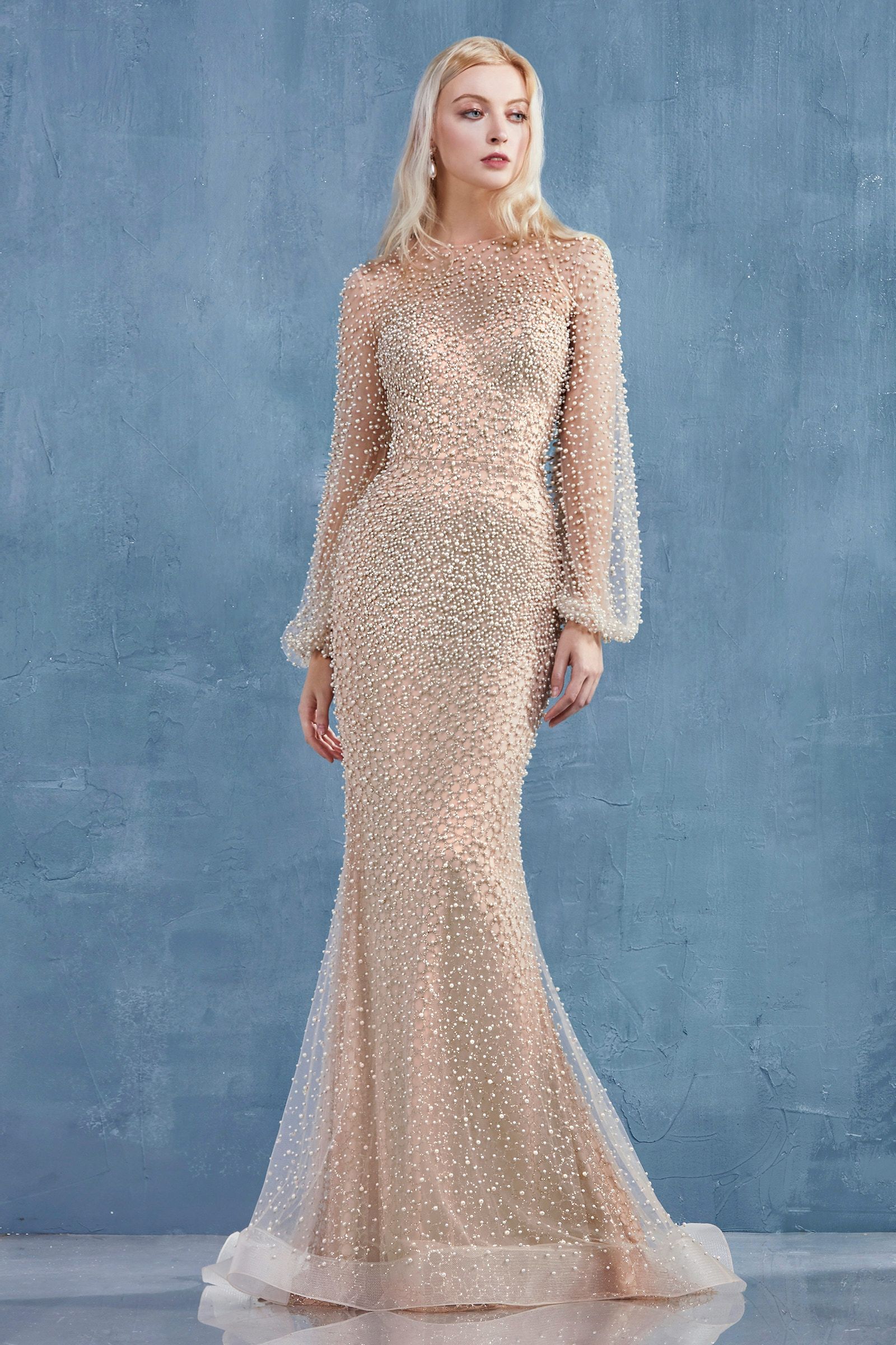 Iris Pearl Mermiad Closed Shoulder Long Sleeves Bodice Flattering Fit Long Wedding Dress CDA0997W