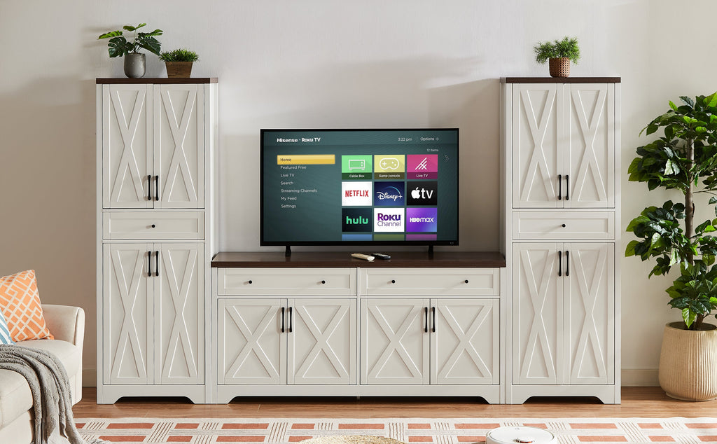 TV Cabinet Set Multifunctional TV Wall, One TV Cabinet and Two Sideboards for Living Room, 108.7''L x 15''W x 68''H.