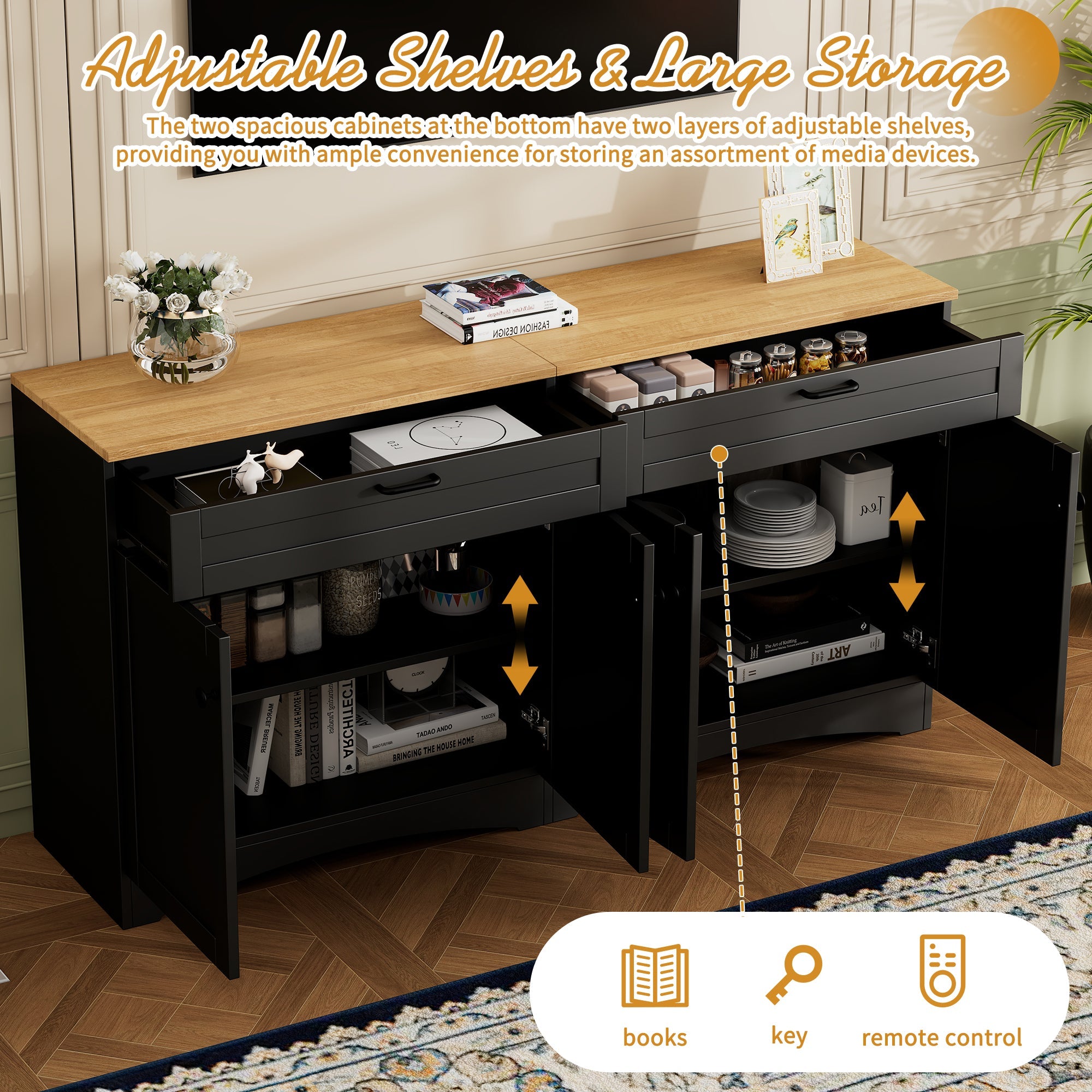 ON-TREND 3-Piece Farmhouse Entertainment Center with Storage Cabinet for TVs Up to 70', Mid-Century TV Stand with Bookshelf, Rustic Versatile Sideboard with Adjustable Shelves for Living Room, Black