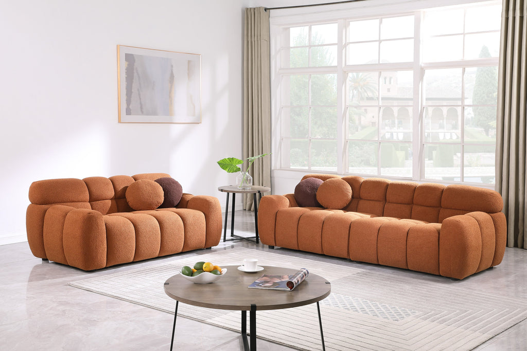 87.4 length ,35.83' deepth ,human body structure for USA people,  marshmallow sofa,boucle sofa ,3 seater, LIGHT BROWN   BOUCLE
