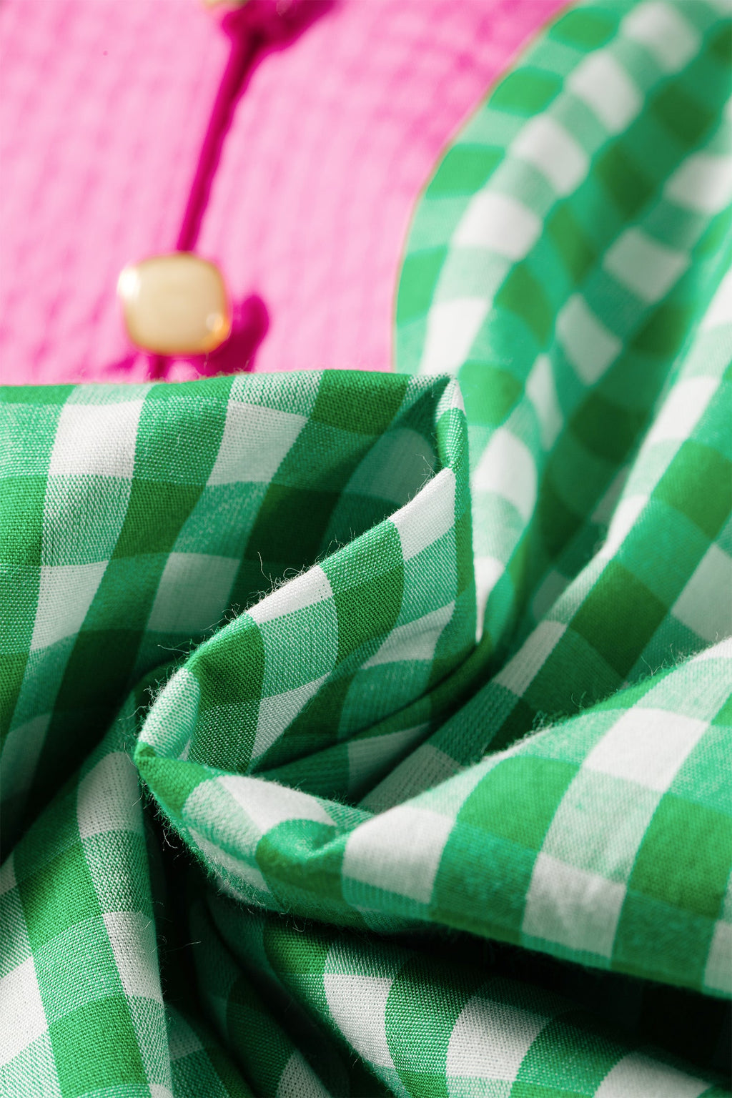 Gingham Bubble Sleeve Colorblock Trim V-Neck Blouse