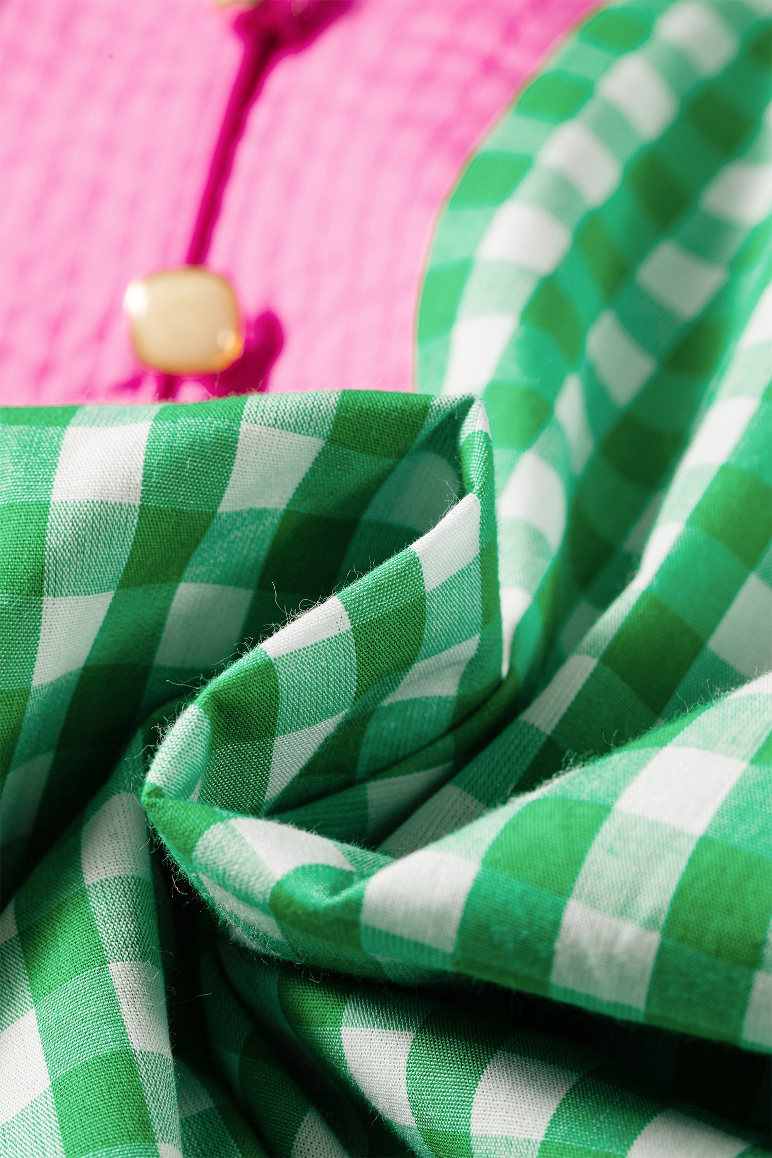 Gingham Bubble Sleeve Colorblock Trim V-Neck Blouse