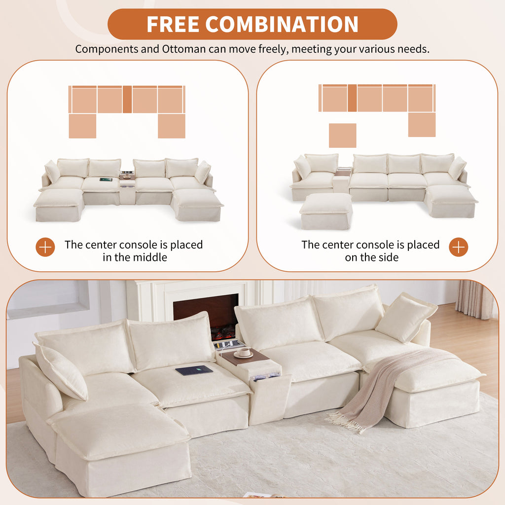 [VIDEO+NEW]131'' Modular Sectional Sofa with Movable Ottoman and Console,Cup Holder,Wide Seat,6 Seat U Shaped Couch,Oversized Chenille Sofa with USB Charger for Living Room,Apartment,2 Colors