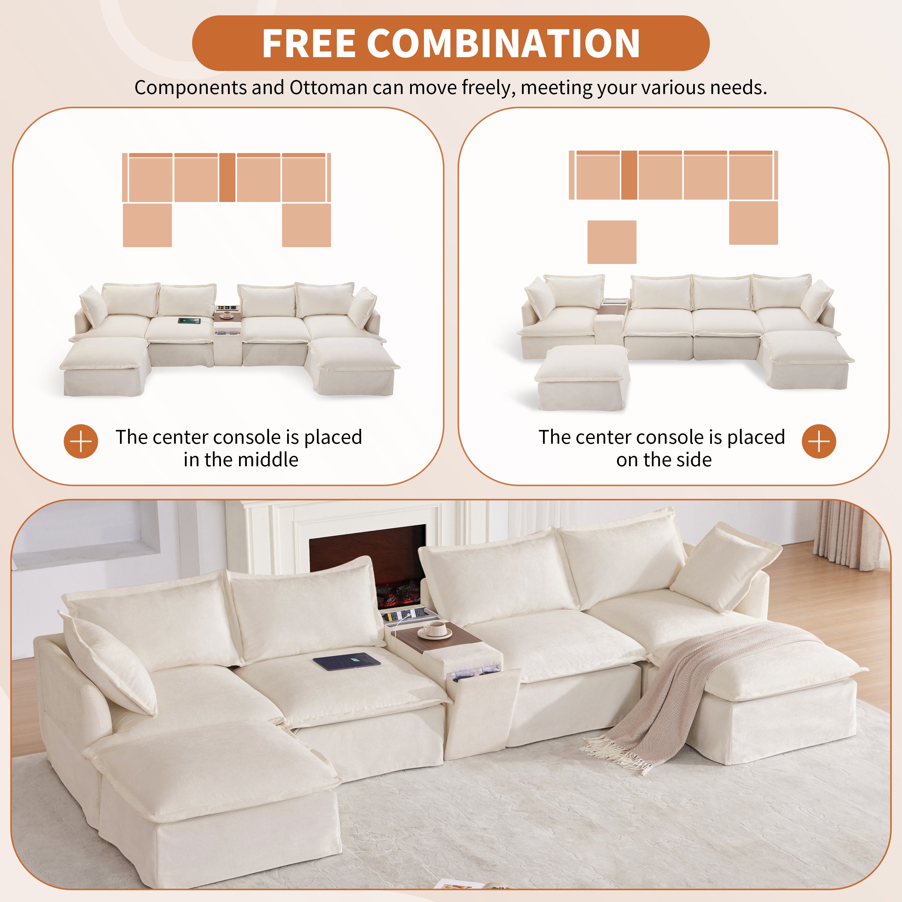[VIDEO+NEW]131'' Modular Sectional Sofa with Movable Ottoman and Console,Cup Holder,Wide Seat,6 Seat U Shaped Couch,Oversized Chenille Sofa with USB Charger for Living Room,Apartment,2 Colors