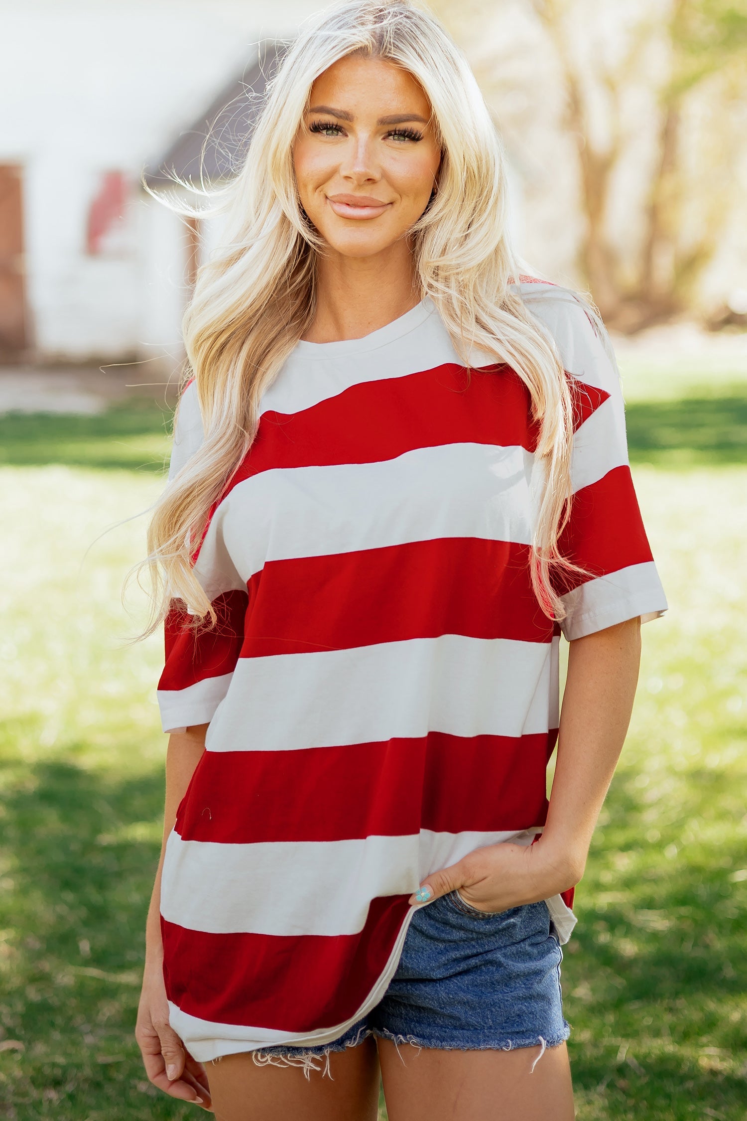Stripe Colorblock Short Sleeve Oversize Tunic Tee