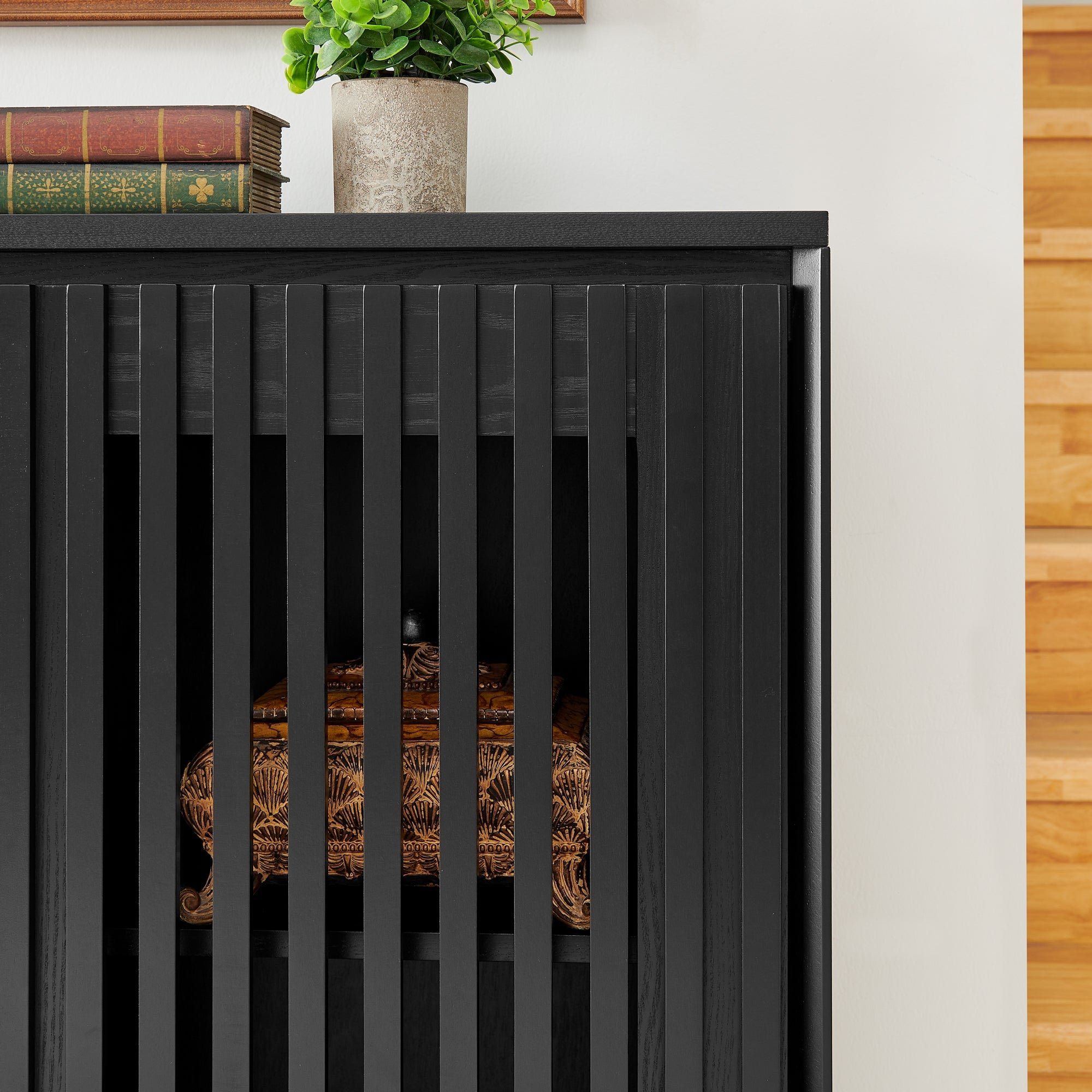 Mid Century Modern Fluted Hollowed Out Sideboard Cabinet with 2 Outlet Holes, Buffet Cabinet with Storage, Black Storage Cabinet for Living Room, Entryway, Hallway, Dining Room, Kitchen