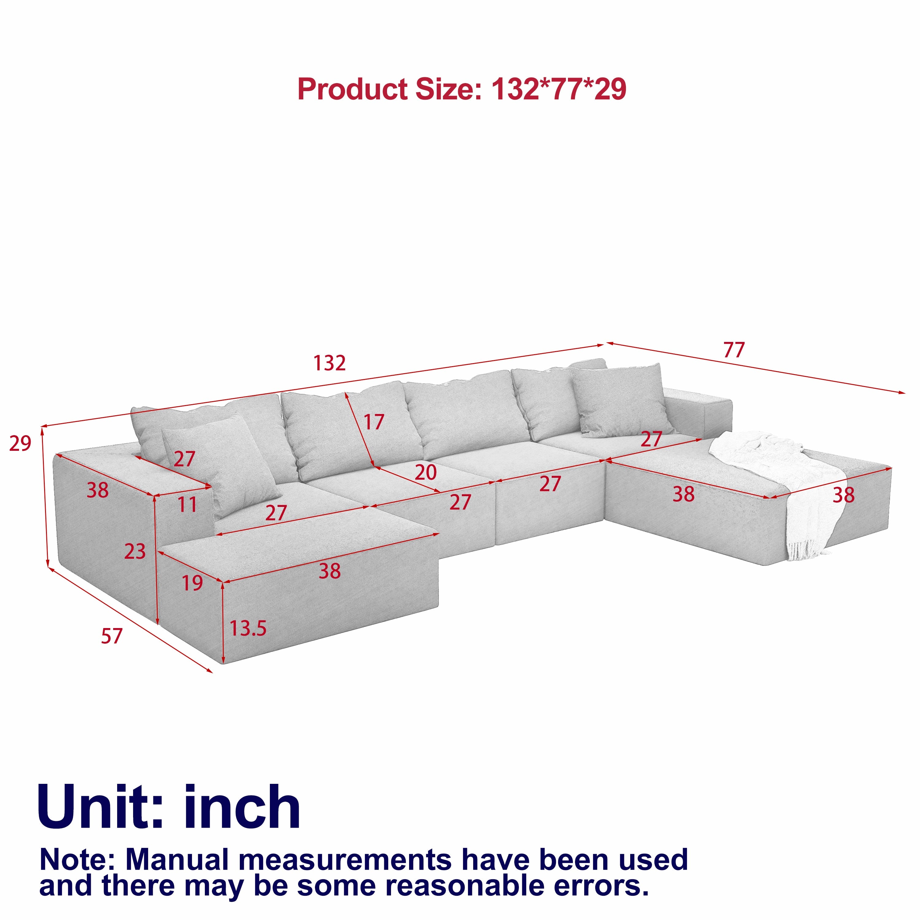 Modern Upholstered Sectional Sofa Couch Set,Modular 132' L Shaped Sectional Living Room Sofa Set With 6 Pillows,Free Combination Sofa Couch for Living Room,Bedroom