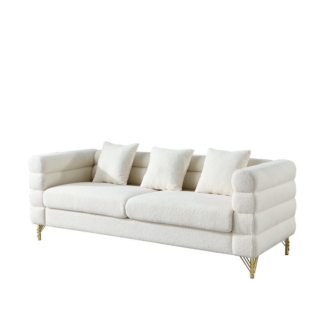 81 Inch Oversized 3 Seater Sectional Sofa, Living Room Comfort Fabric Sectional Sofa - Deep Seating Sectional Sofa, Soft Sitting with 3 Pillows for Living Room,Bedroom,White teddy(Ivory)(W834S00036)
