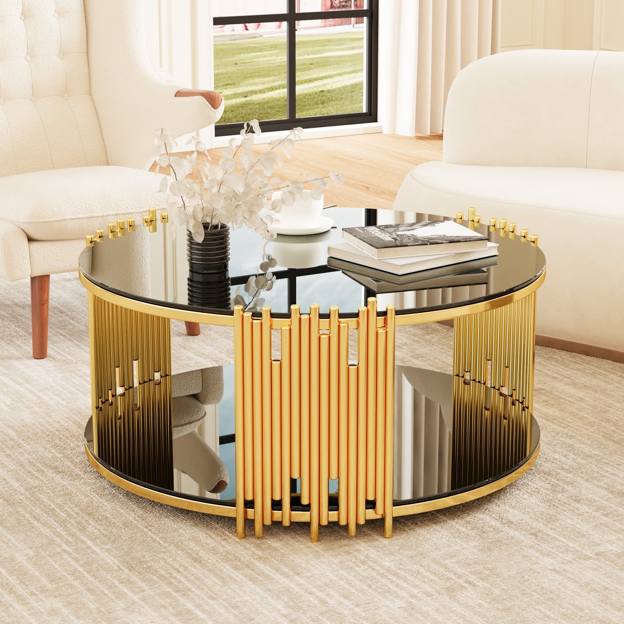 Modern minimalist light luxury style stainless steel circular coffee table, black tempered glass countertop, living room coffee table