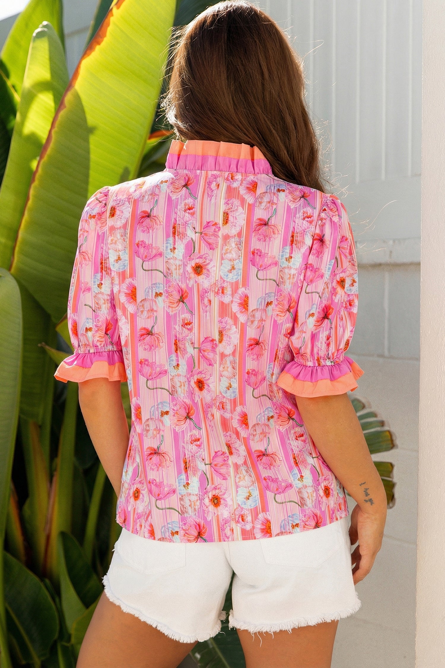 Floral Poppy Stripe Colorblock V-Neck Short Sleeve Blouse