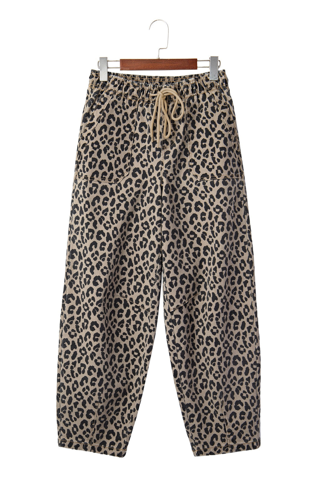 Leopard Denim Drawstring Elastic Waist Loose Pants
