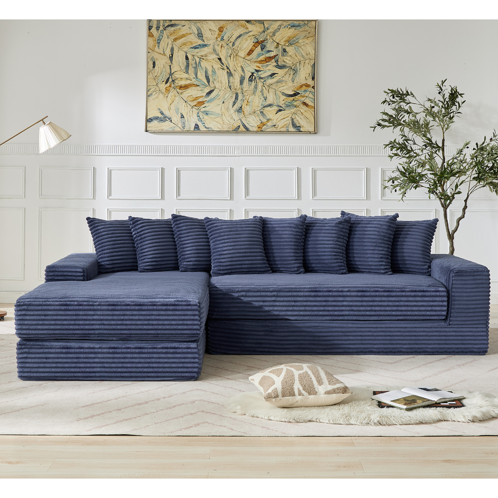 [NEW ARRIVED] [VIDEO PROVIDED]   Oversize Cloud Couch, L-Shape Sofa, Convertible Floor Sleeper Sofa Bed,  No Assembly ,Eight  pillows,3-in-1,Side Pocket,(Left Facing Sofa),3 Seat,Corduroy,Blue