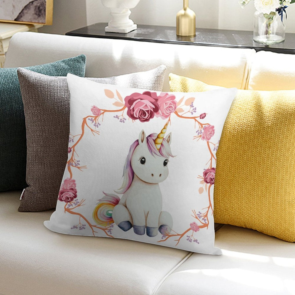Baby Unicorn with Pink Roses Ultra-soft Pillowcase - 18" × 18"