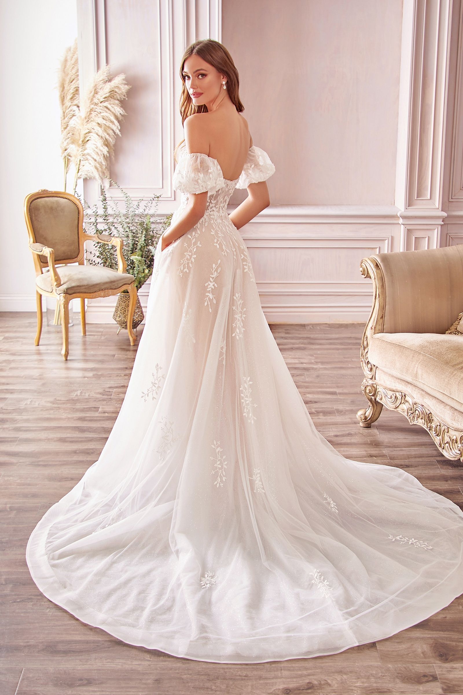 Off-Shoulder Floral Lace Wedding Gown with Puff Sleeves & Tulle Train  CDA1014