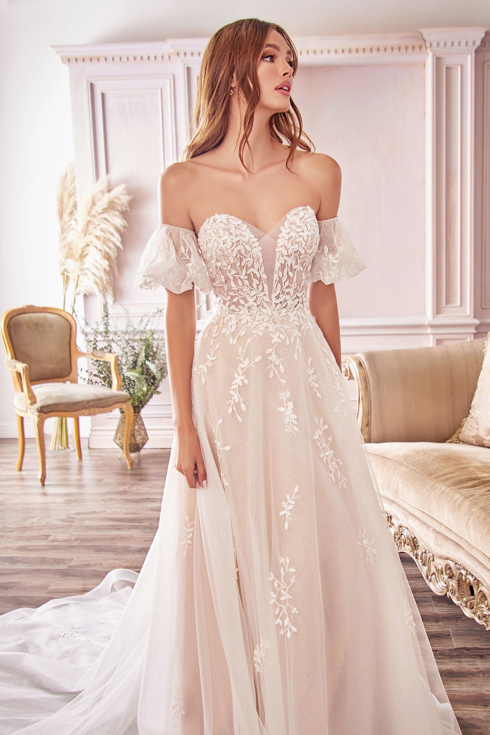 Off-Shoulder Floral Lace Wedding Gown with Puff Sleeves & Tulle Train  CDA1014