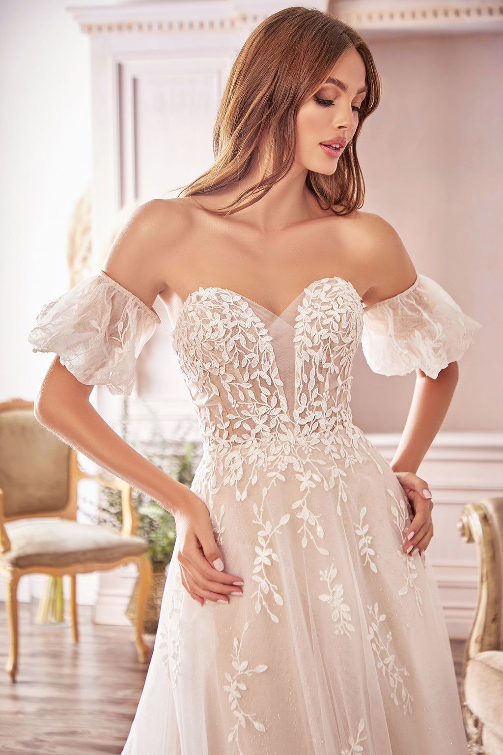 Off-Shoulder Floral Lace Wedding Gown with Puff Sleeves & Tulle Train  CDA1014
