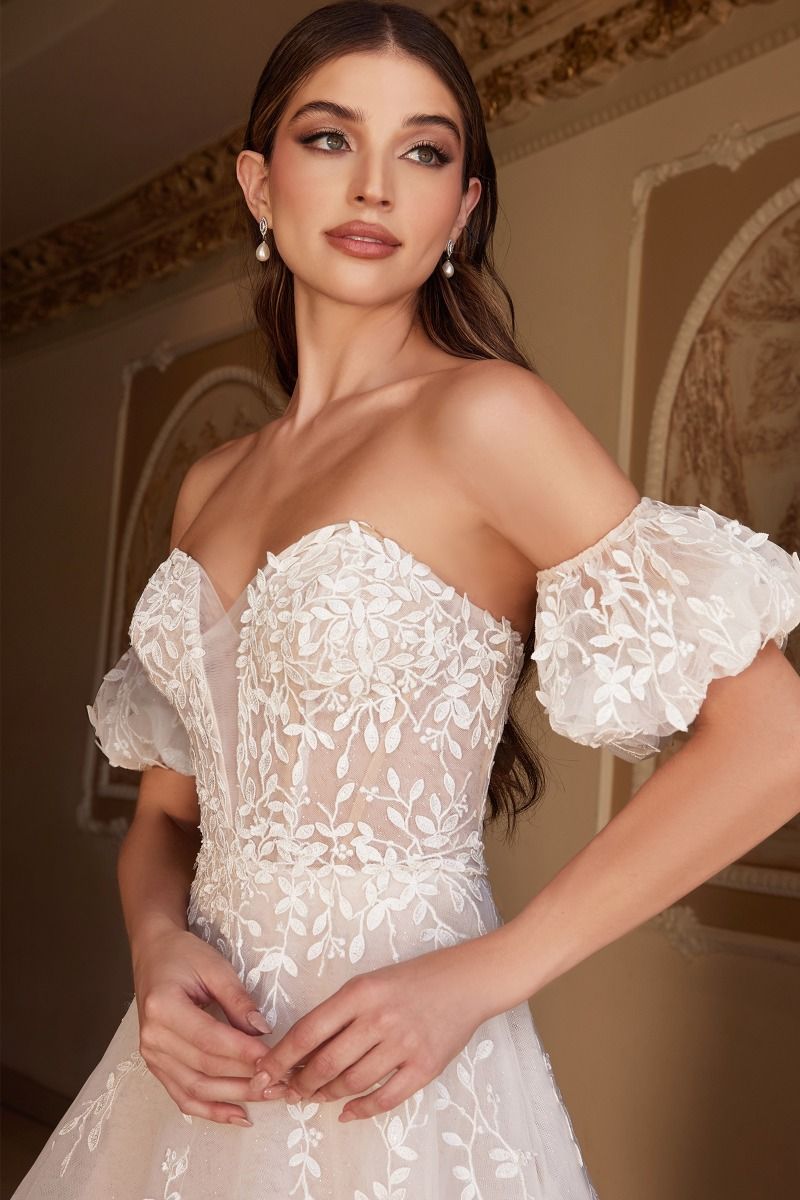 Off-Shoulder Floral Lace Wedding Gown with Puff Sleeves & Tulle Train  CDA1014