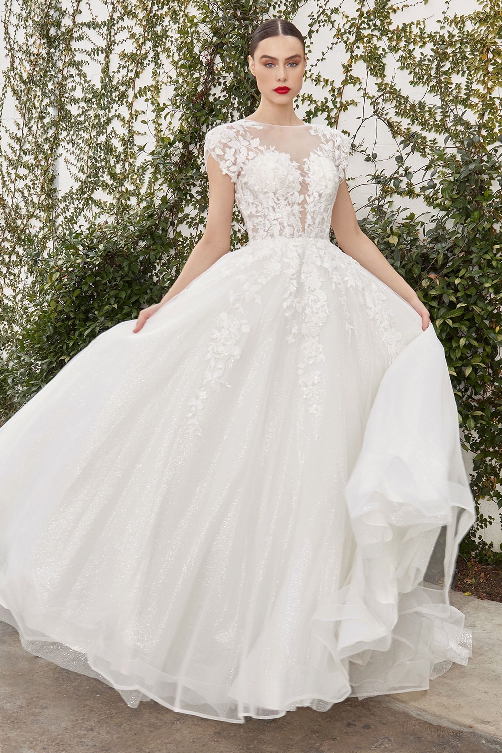 Sofian Vintage Short Sleeve Embroidered Bodice Floral Deep V-neck Wedding Dress CDA1082W