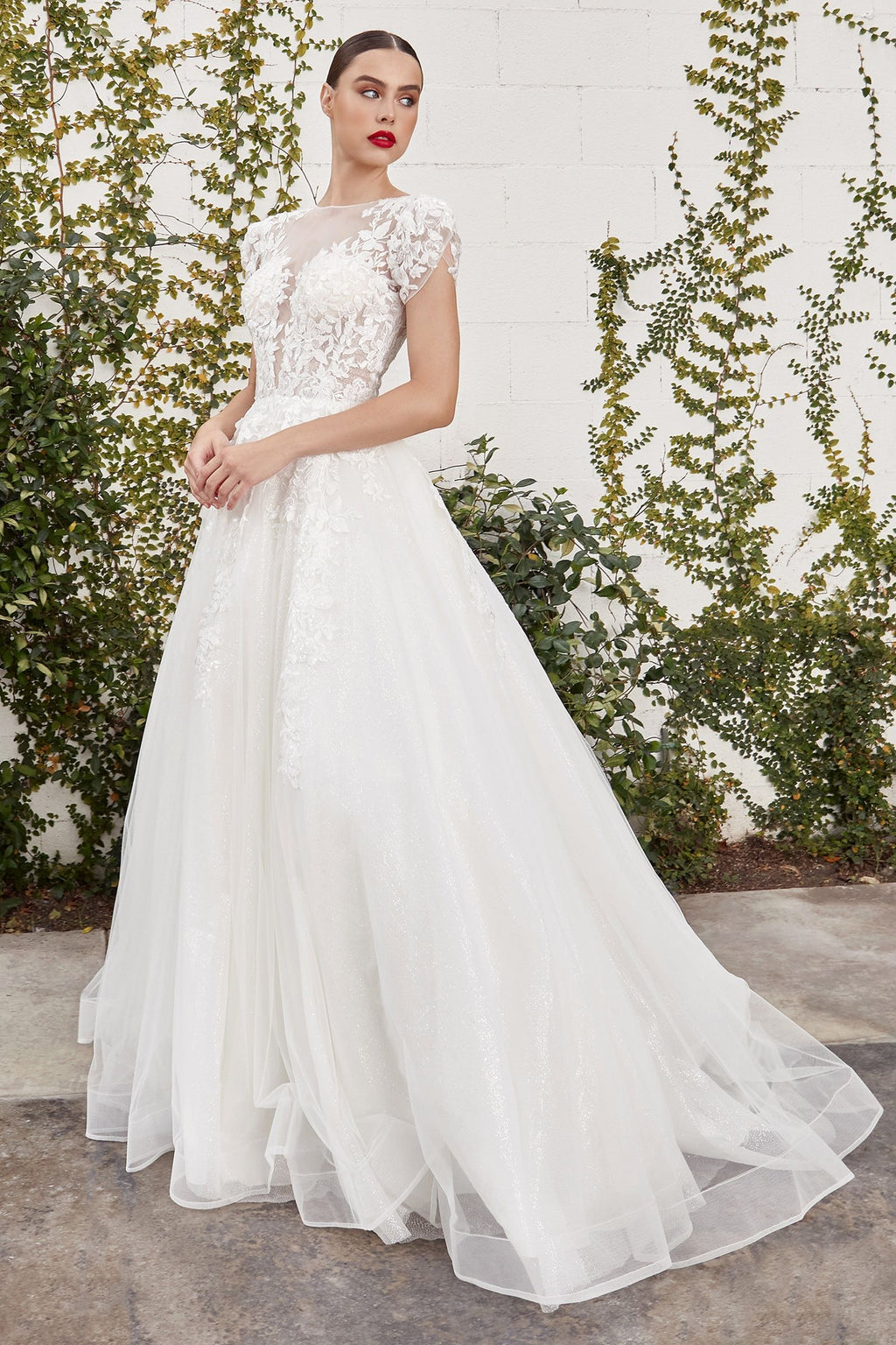 Sofian Vintage Short Sleeve Embroidered Bodice Floral Deep V-neck Wedding Dress CDA1082W