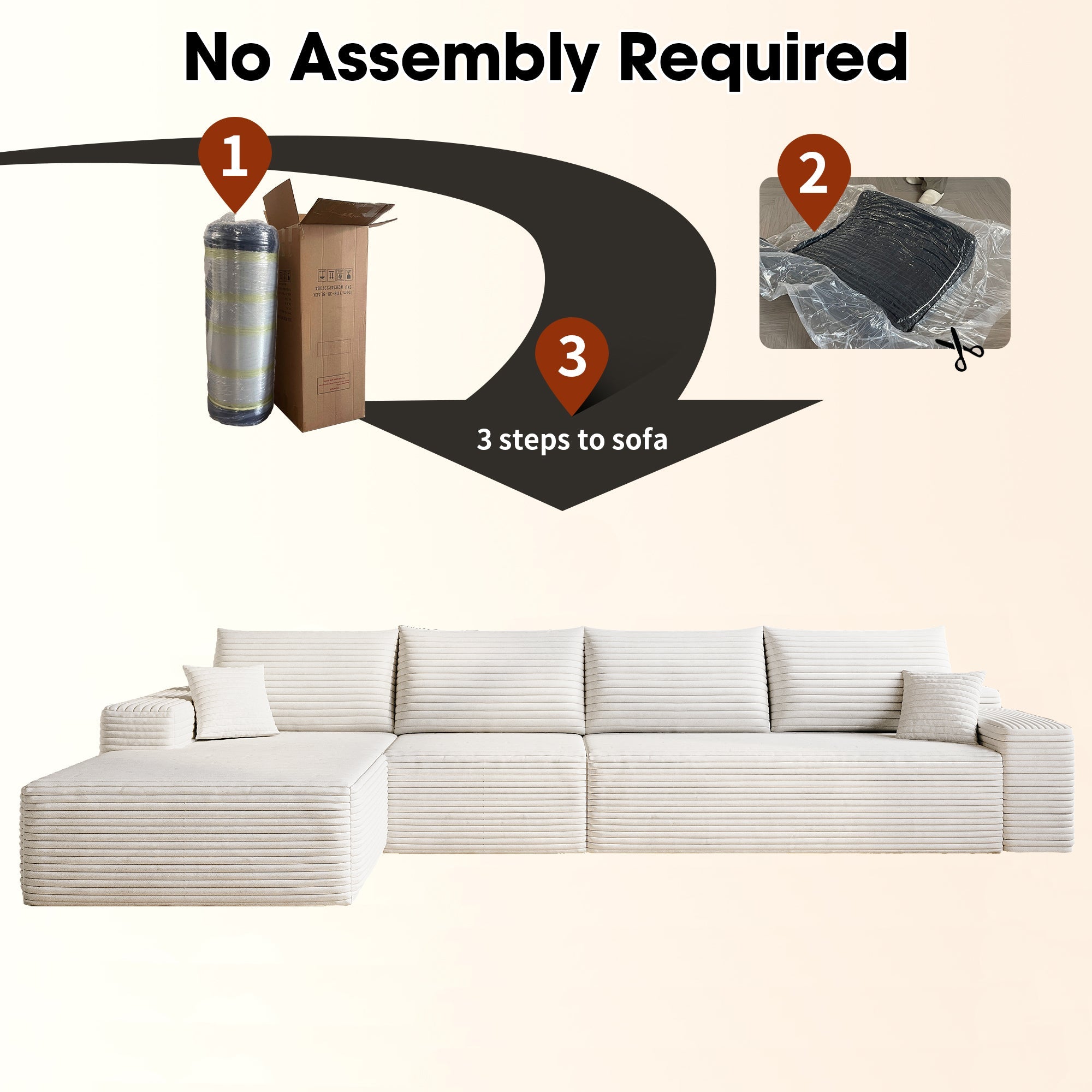 135' Cloud Sectional Couch with L-Shape Chaise,Modern Modular Sofa with Deep Seat, Upholstered Couches for Living Room Bedroom,No Assembly Required, (Plush Corduroy Fabric),White