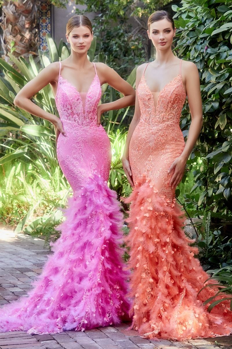 Feather Mermaid Deep V-neck Mid Open Back Laced Bodice Long Prom & Bridemaid Dress CDA1116