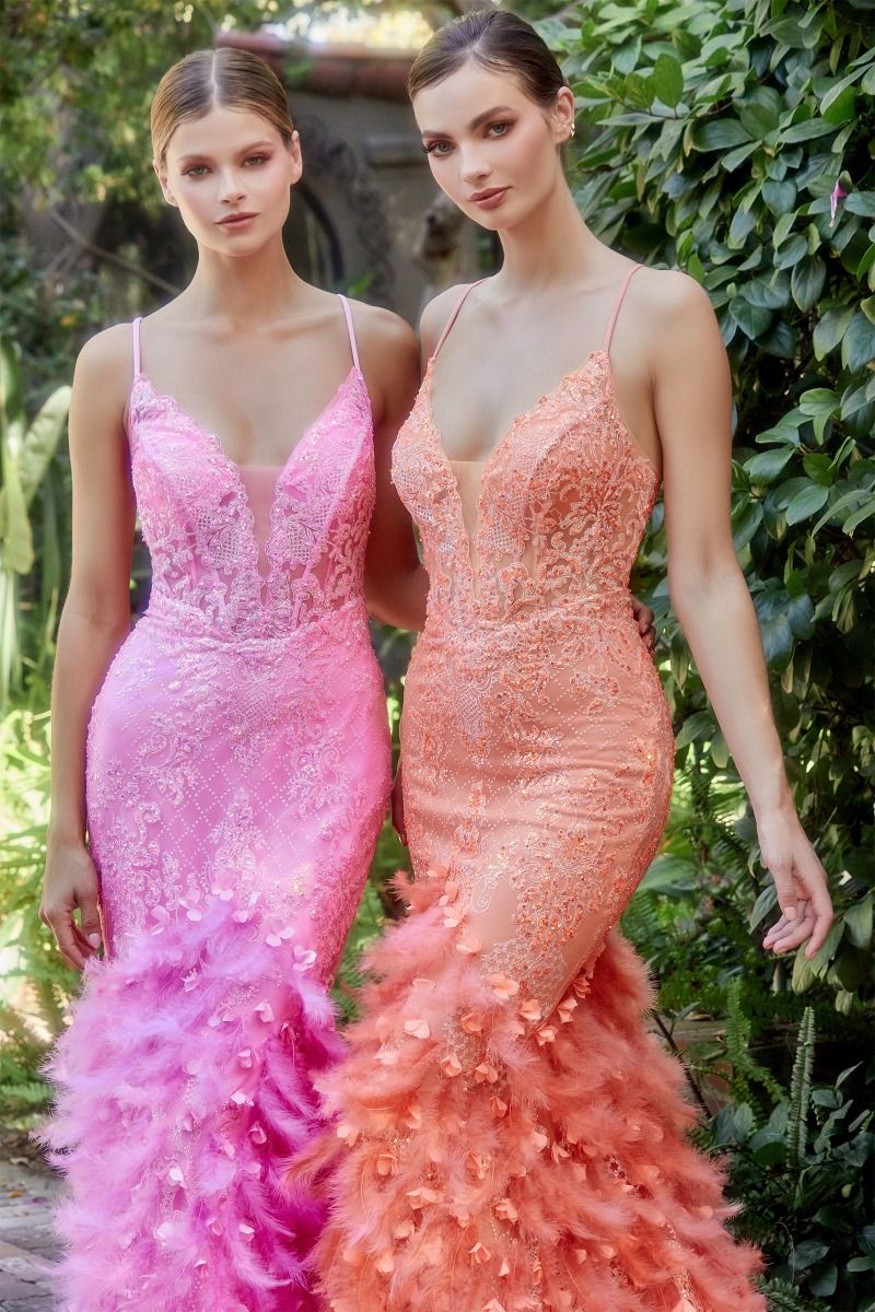 Feather Mermaid Deep V-neck Mid Open Back Laced Bodice Long Prom & Bridemaid Dress CDA1116