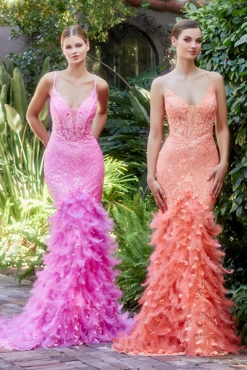 Feather Mermaid Deep V-neck Mid Open Back Laced Bodice Long Prom & Bridemaid Dress CDA1116