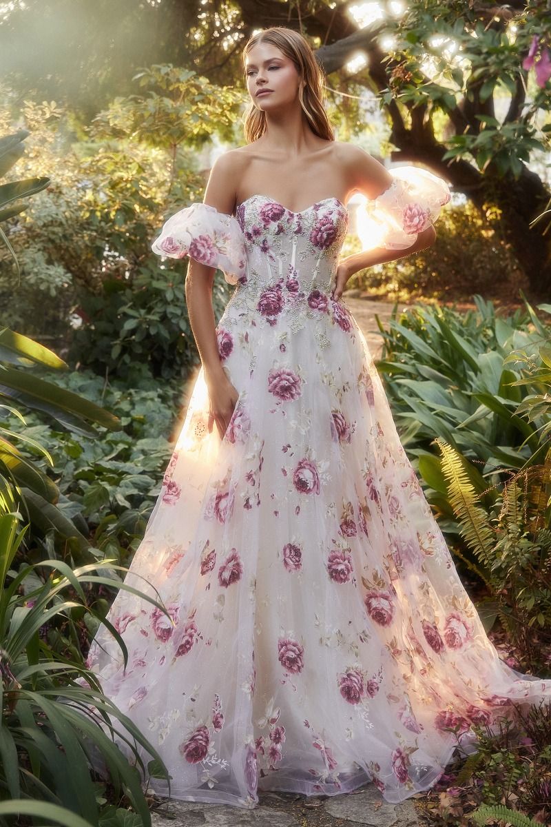 Strapless Organza Peony Print Removable Sleeves Long Prom Dress CDA1133