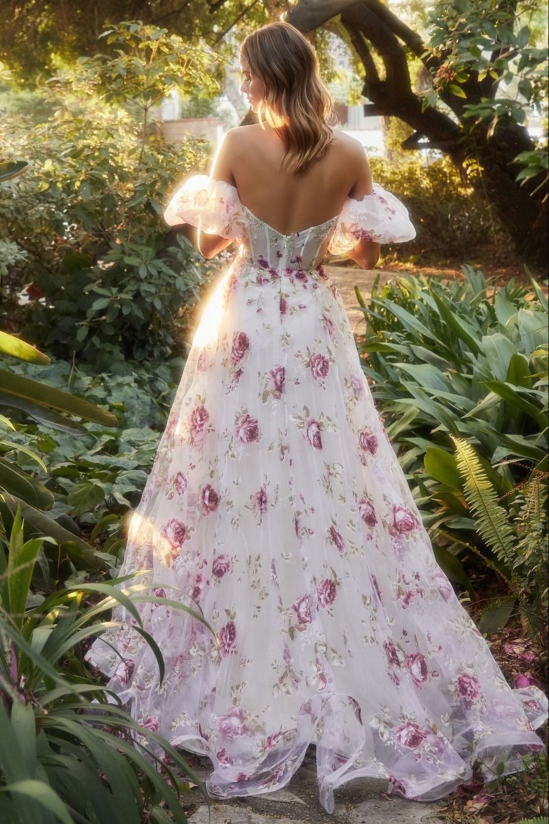 Strapless Organza Peony Print Removable Sleeves Long Prom Dress CDA1133