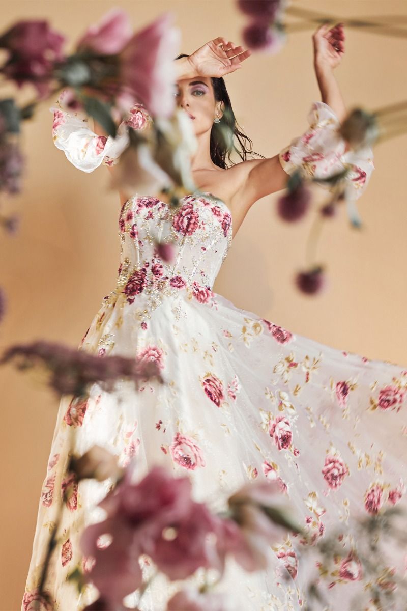 Strapless Organza Peony Print Removable Sleeves Long Prom Dress CDA1133