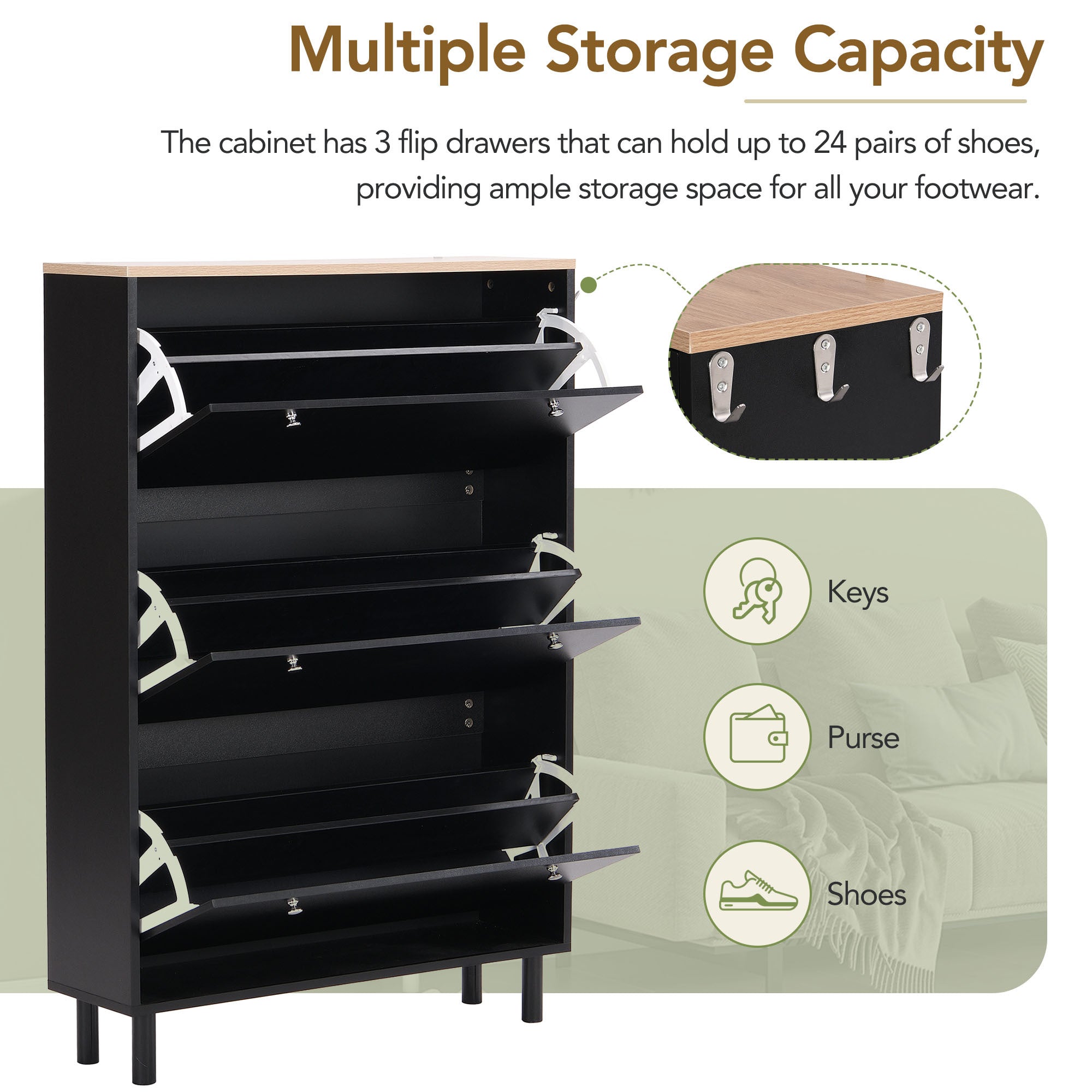 ON-TREND Narrow Design Tipping Bucket Shoe Cabinet with 3 Flip Drawers, Wood Grain Pattern Top Entryway Organizer with 3 Hooks, Free Standing Shoe Rack with Adjustable Panel for Hallway, Black