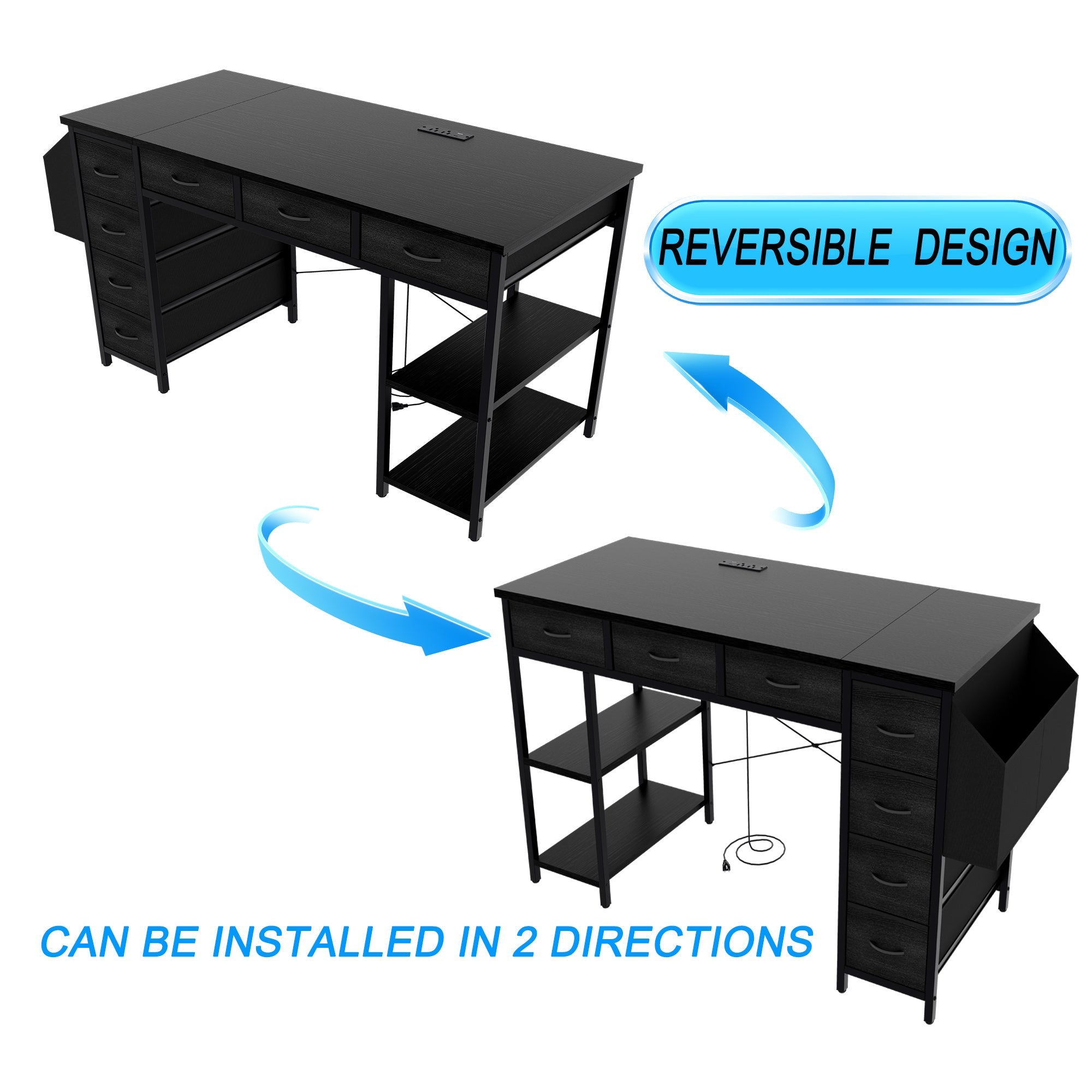 47.3' Computer Desk with 7 Drawers, Extra Large Side Pocket, and Power Outlets – Ideal for Home Office, Study, or Gaming –  Black
