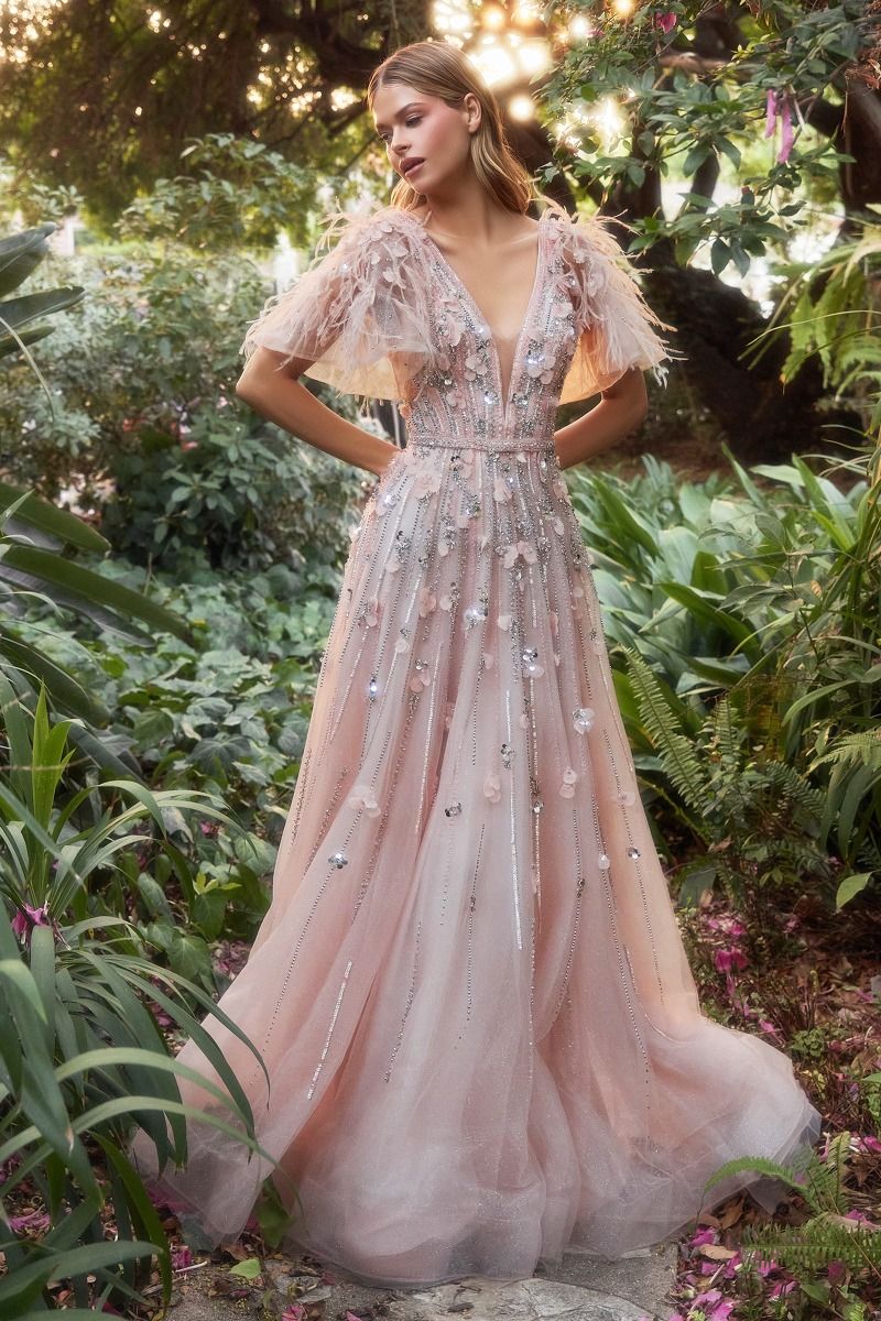 Petal Embellished Ruffle sleeve Vintage Feather and Sequin Prom & Bridesmaid Dress CDA1176