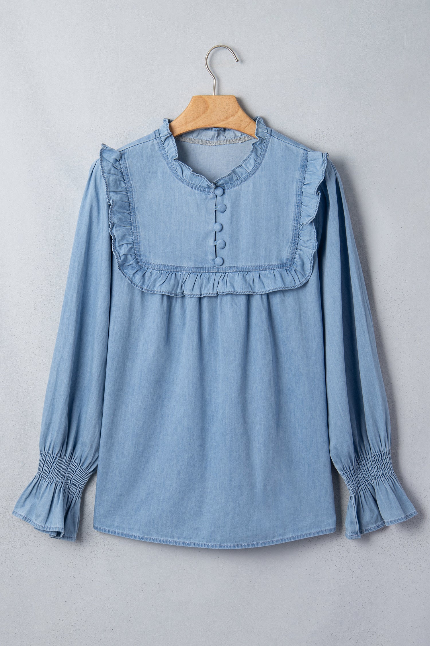 Western Denim Chambray Ruffle V-Neck Long Sleeve Blouse