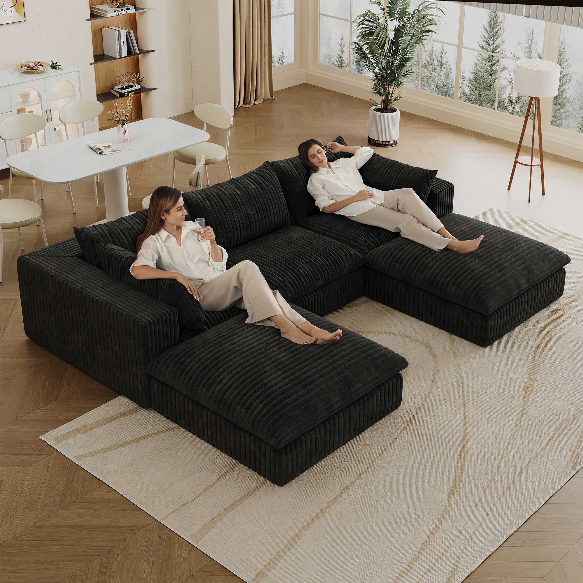 118.2' Cloud Sofa,Corduroy Fabric,Deep Seat Couches,Double-layer design,Removable Cushion,No Assembly, DIY Combination for Living room, Bedroom,Conference room ,Apartment,Black