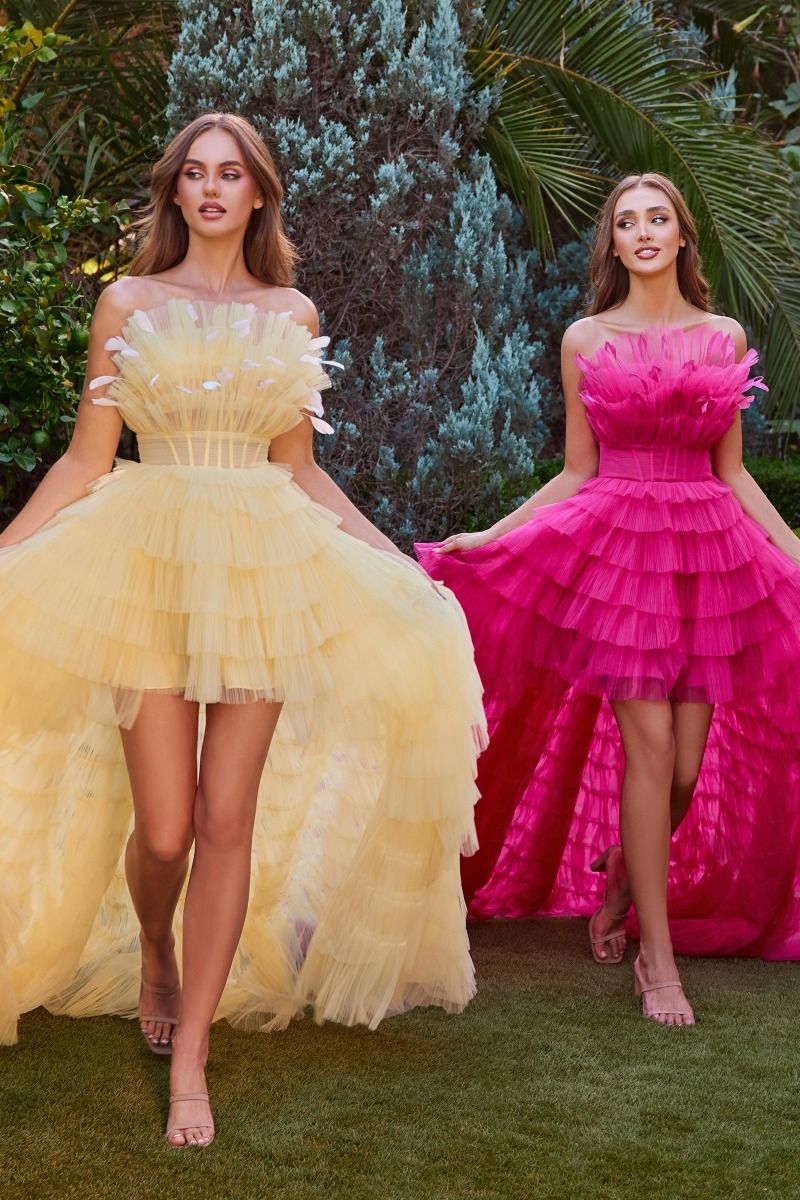 HIGH LOW RUFFLED TULLE GOWN WITH FEATHER DETAILS CDA1240