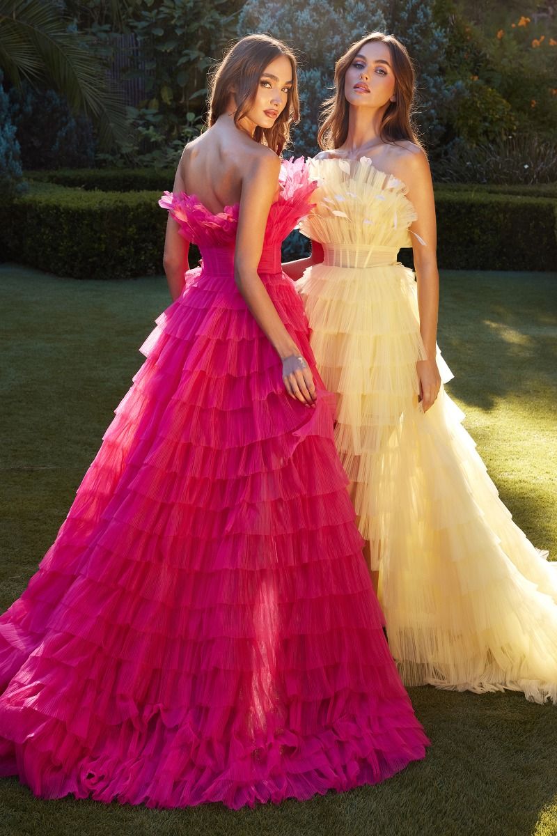 HIGH LOW RUFFLED TULLE GOWN WITH FEATHER DETAILS CDA1240