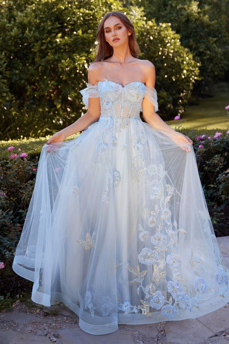 OFF THE SHOULDER FLORAL APPLIQUE BALL GOWN CDA1246