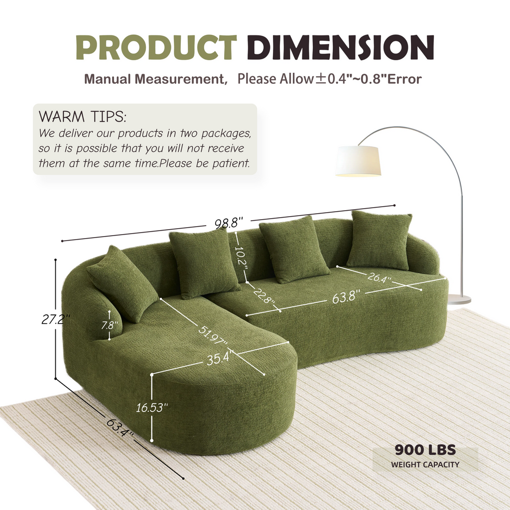 Compression Sponge L-Shape Sectional Sofa with Curved Chaise, Green Modular Chenille Couch No Assembly Required, 30D High-Density for Living Room Bedroom Apartment Lounge.