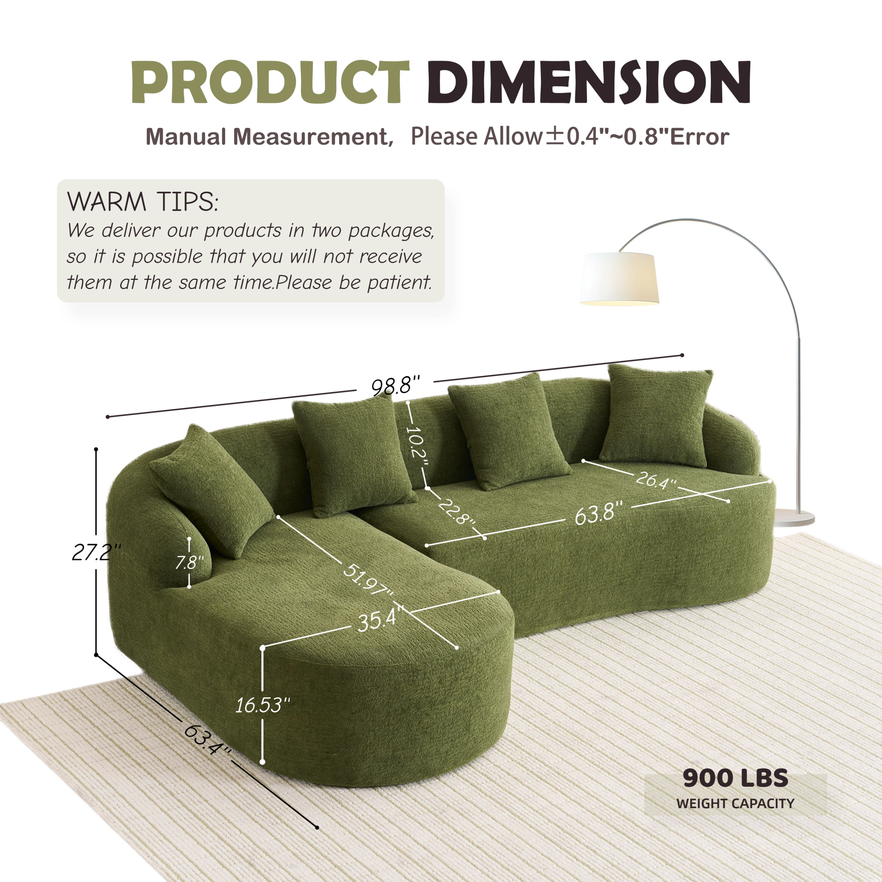 Compression Sponge L-Shape Sectional Sofa with Curved Chaise, Green Modular Chenille Couch No Assembly Required, 30D High-Density for Living Room Bedroom Apartment Lounge.