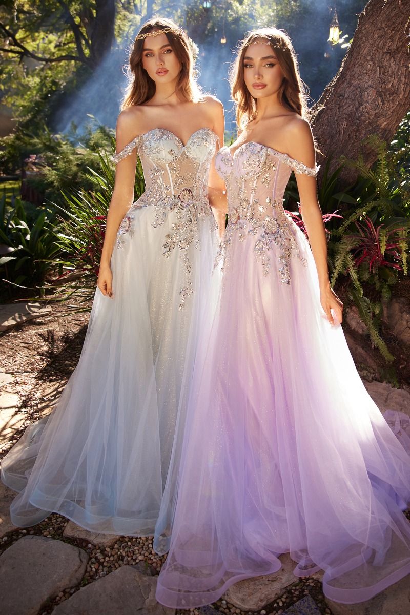 Sky Blue, Dusty Aqua | Floral Appliqué A-Line Gown with Sheer Corset Bodice & Tulle Skirt  CDA1258