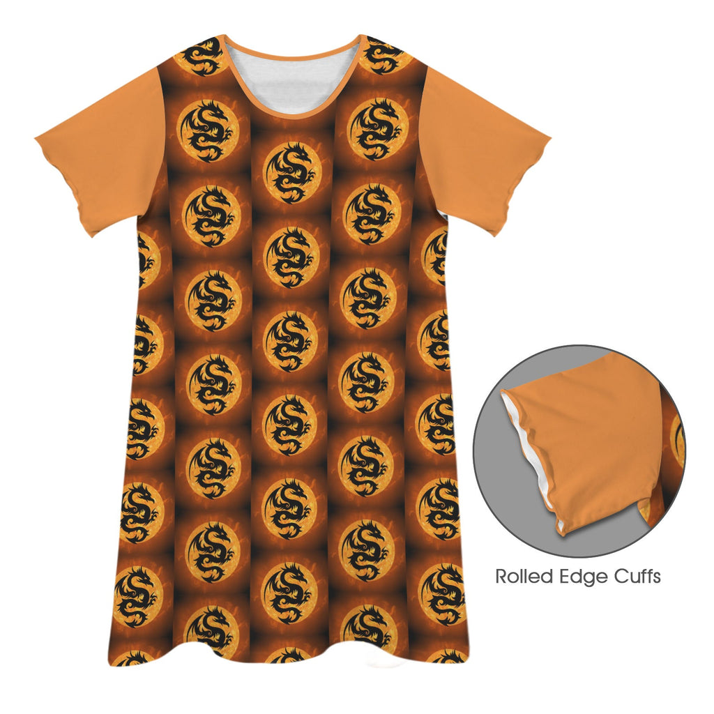 Orange Fire Dragon Women's Crew Neck Short Sleeve T-shirt Dress