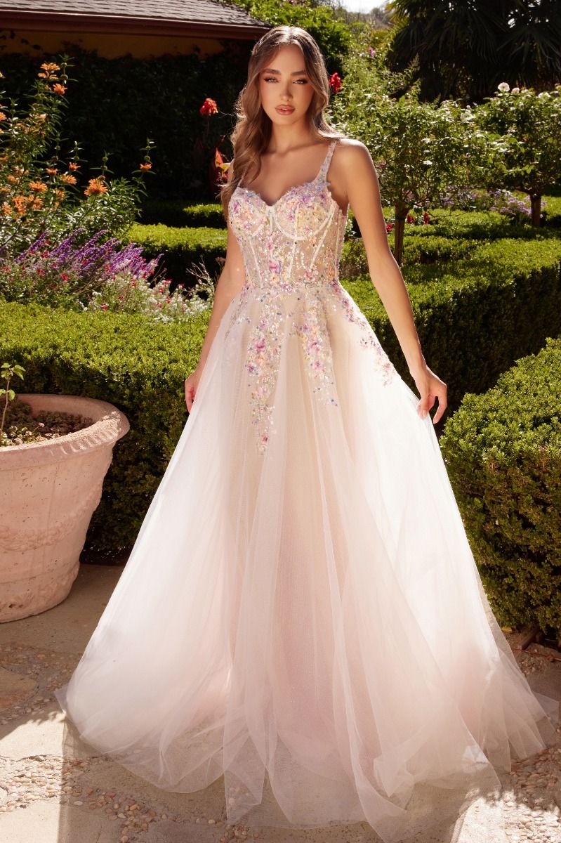 WHITE A-LINE DRESS WITH MULTI COLORED FLORAL EMBELLISHMENT CDA1288